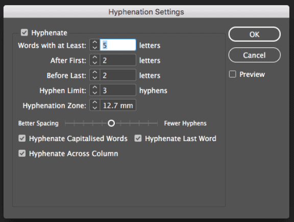 Default settings for hyphenation in Adobe InDesign