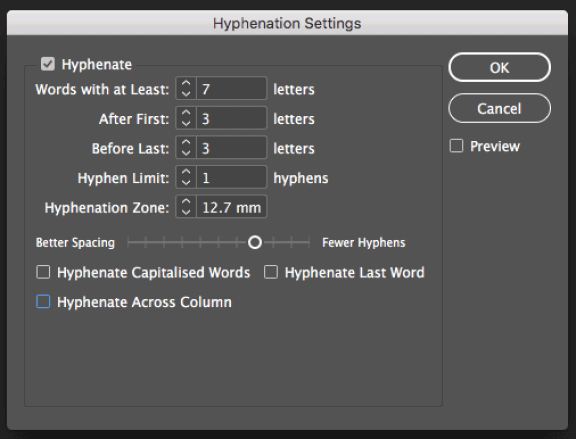 My revised settings for hyphenation in Adobe InDesign